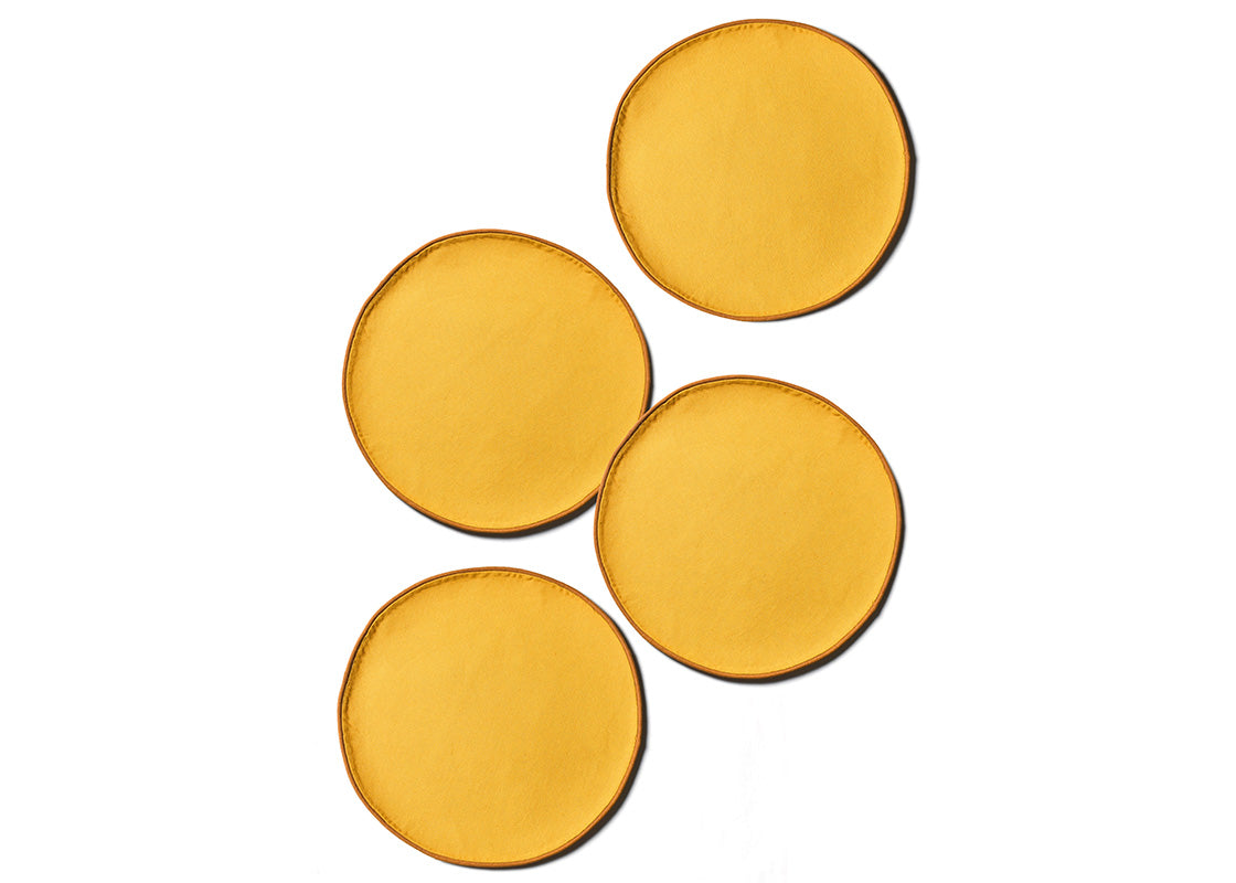 Overhead View of Brass Color Block Round Placemat Set of 4 Showing all Pieces in Set