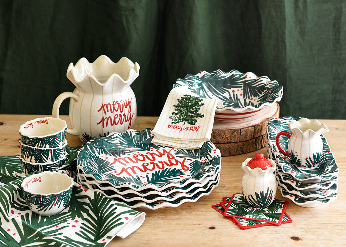 Front View of Matching Serveware in Balsam and Berry Ruffle Collection