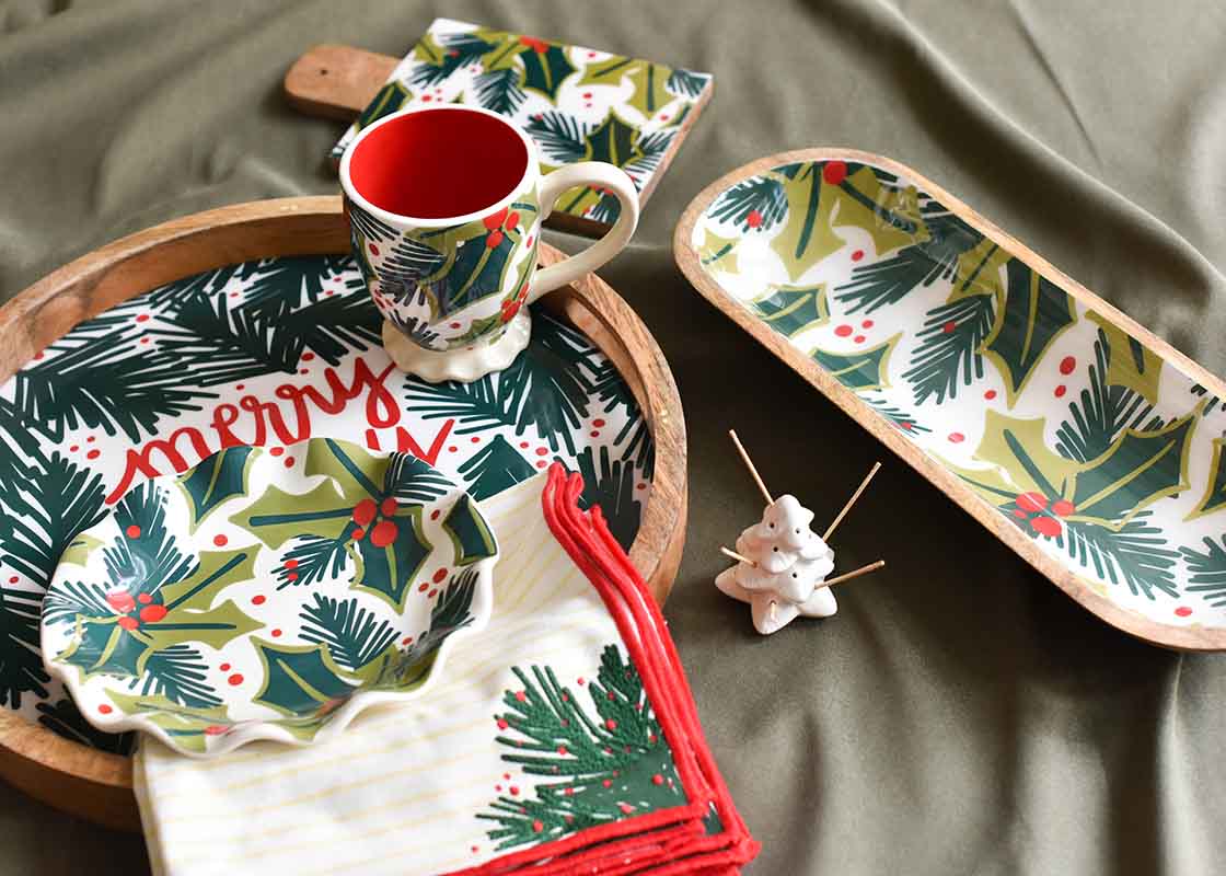 Close up of Balsam and Berry Serveware and Balsam Stripes Napkins Set of 4