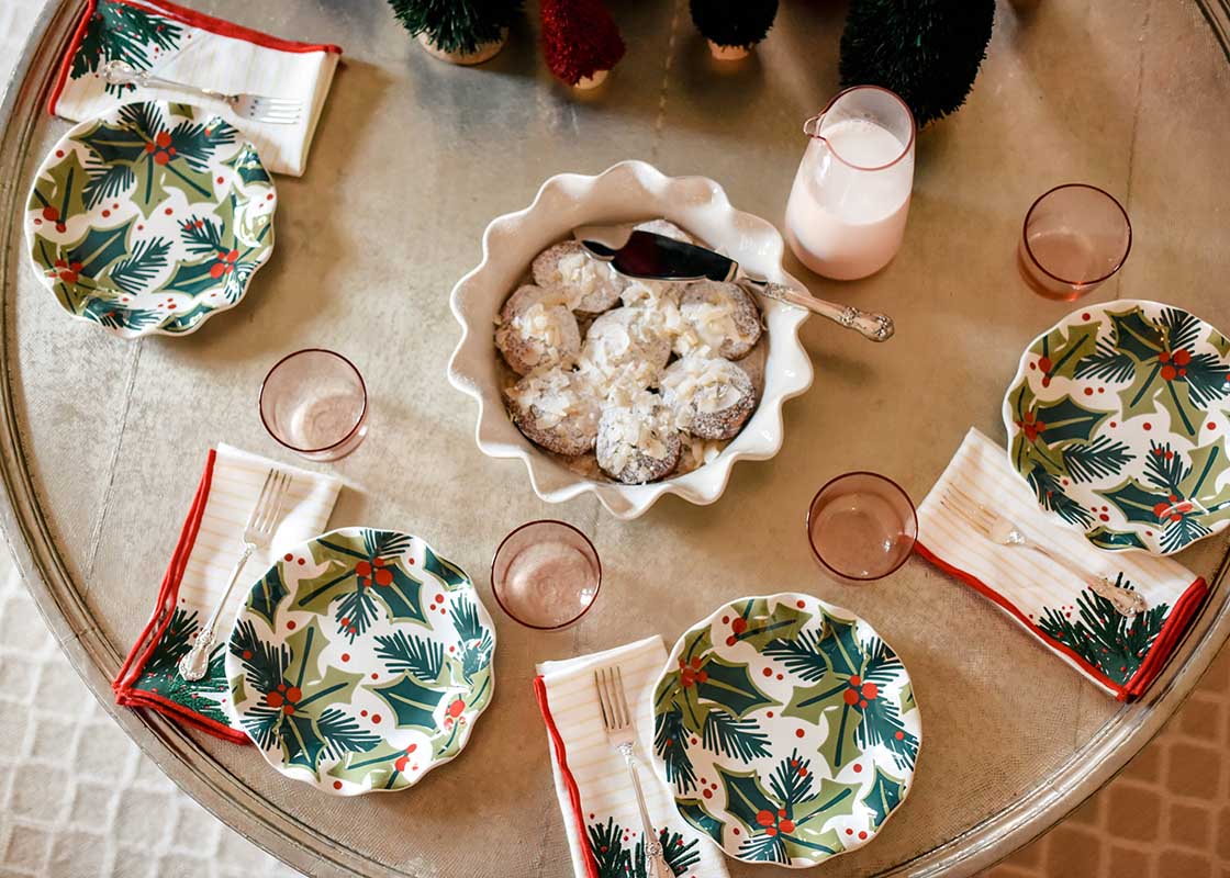 Overhead View of Christmas Breakfast Table with Balsam Stripes Napkins Set of 4 and Coordinating Holly Salad Plates