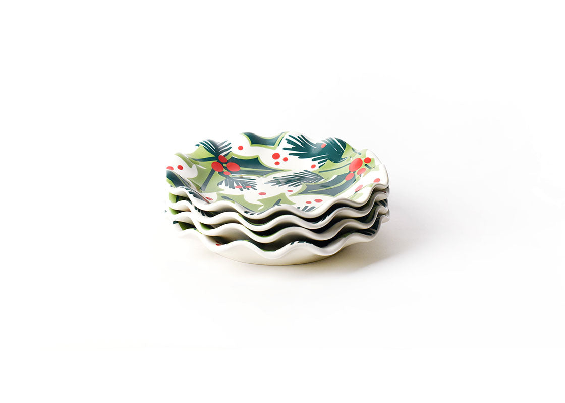 Front View of Neatly Stacked Holly Ruffle Salad Plate Set of 4 Showing all Pieces in Set