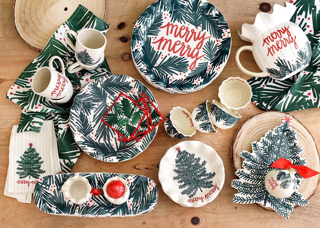 Overhead View of Matching Balsam and Berry Serveware and Linen Hand Towels