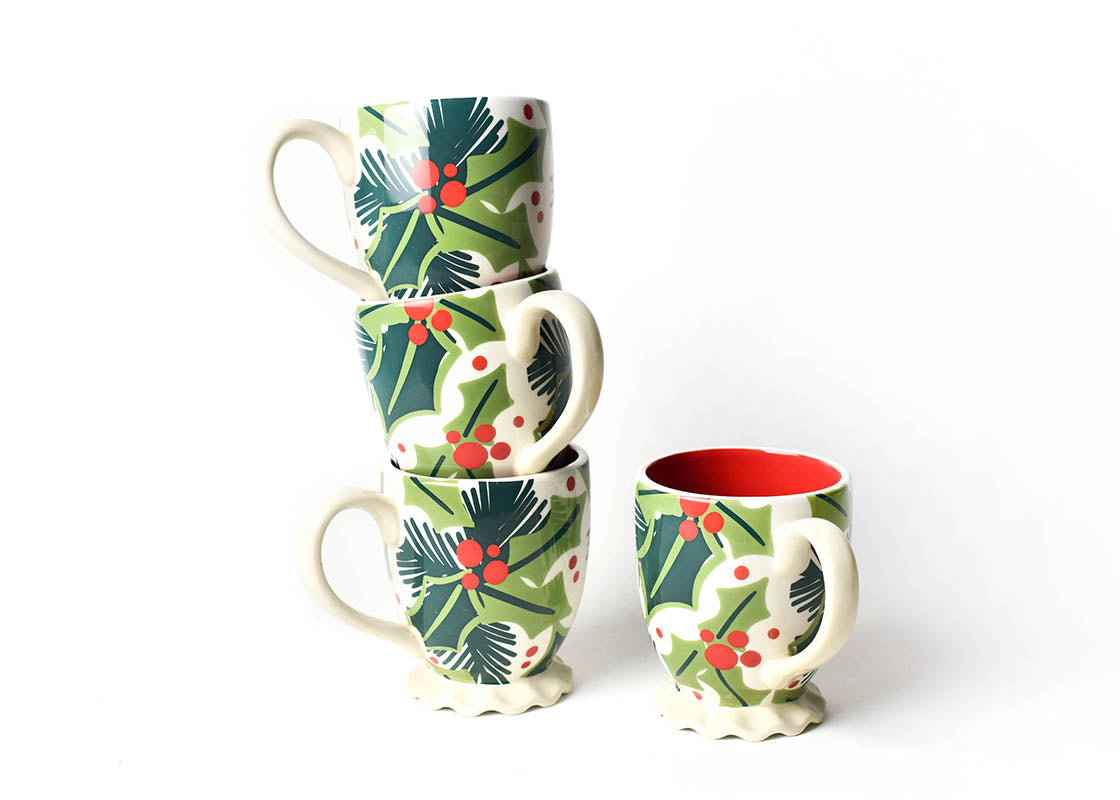 Front View of Stacked Holly Ruffle Mug Set of 4 Showing all Pieces in Set