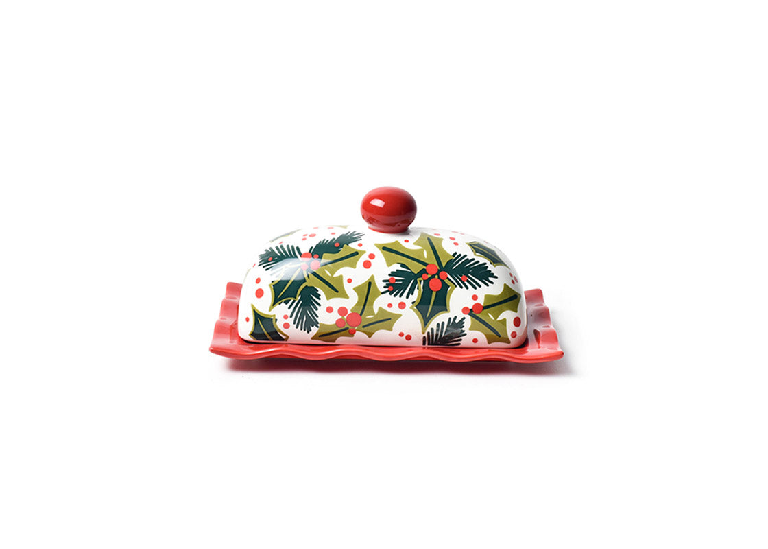 Front View of Holly Ruffle Domed Butter Dish Showcasing Design Details on Outside