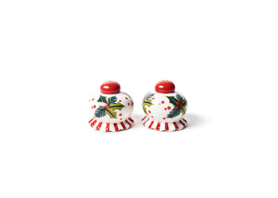 Front View of Showcasing Design Detail on Outside of Holly Ruffle Salt and Pepper Shaker Set Placed Side by Side