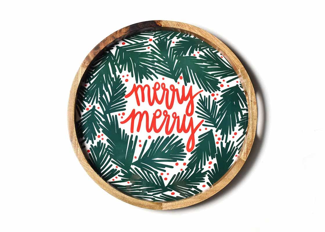 Overhead View of Holly Wood Handled Round Tray