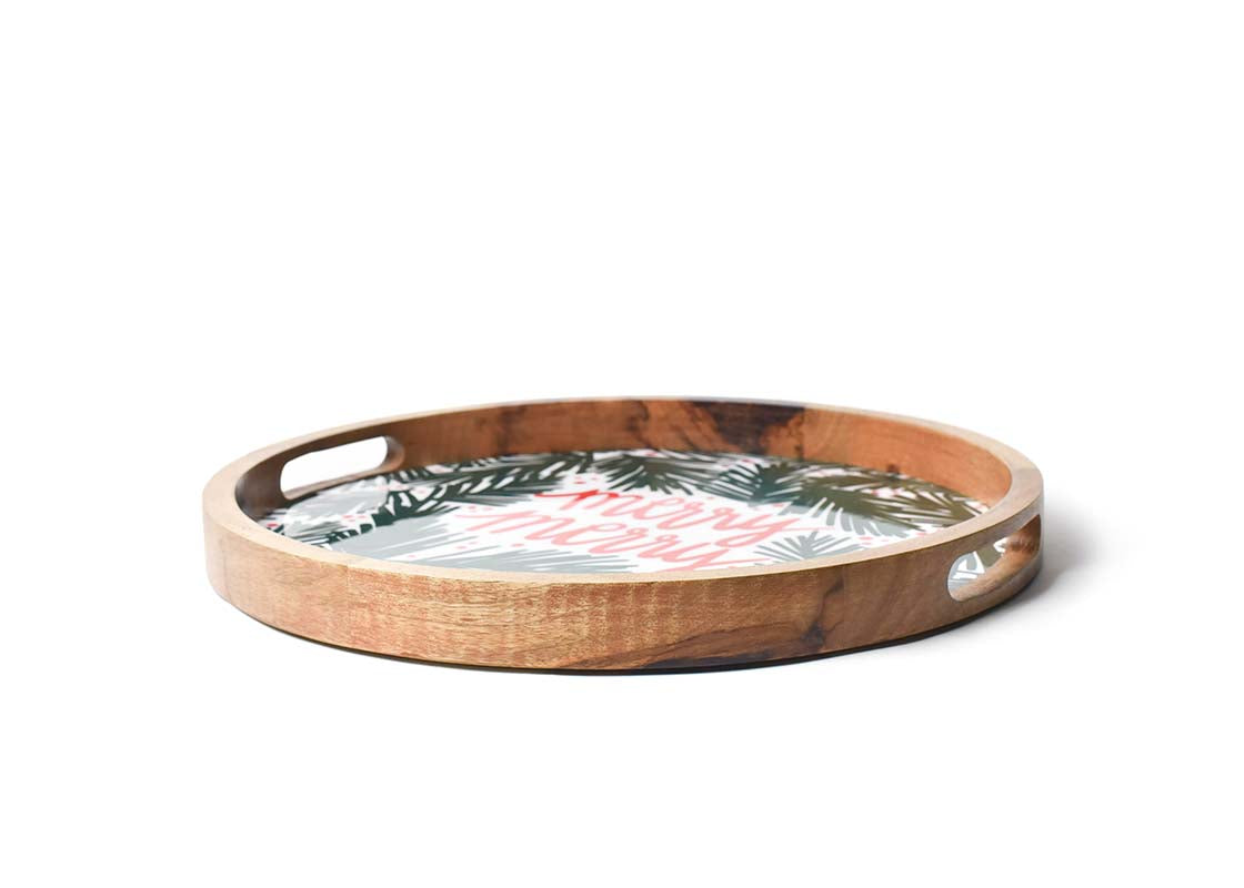 Right Side View of Showcasing Pierced Handles Holly Wood Handled Round Tray