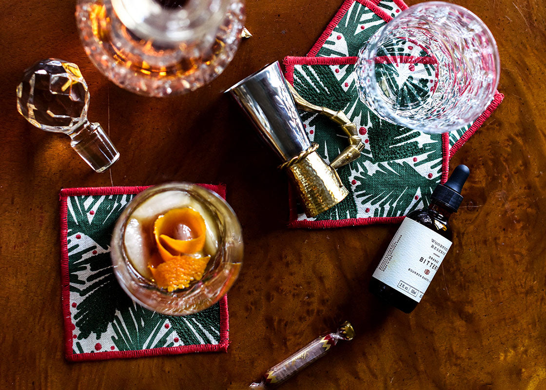 Overhead View of Cocktail Party Balsam and Berry Print Linen Napkins
