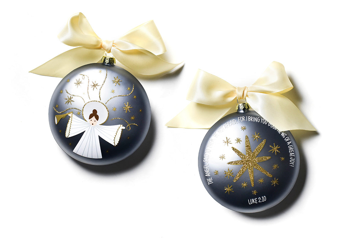 Front and Back View of Birth of Christ - Luke 2:10 Glass Ornament Placed Side by Side