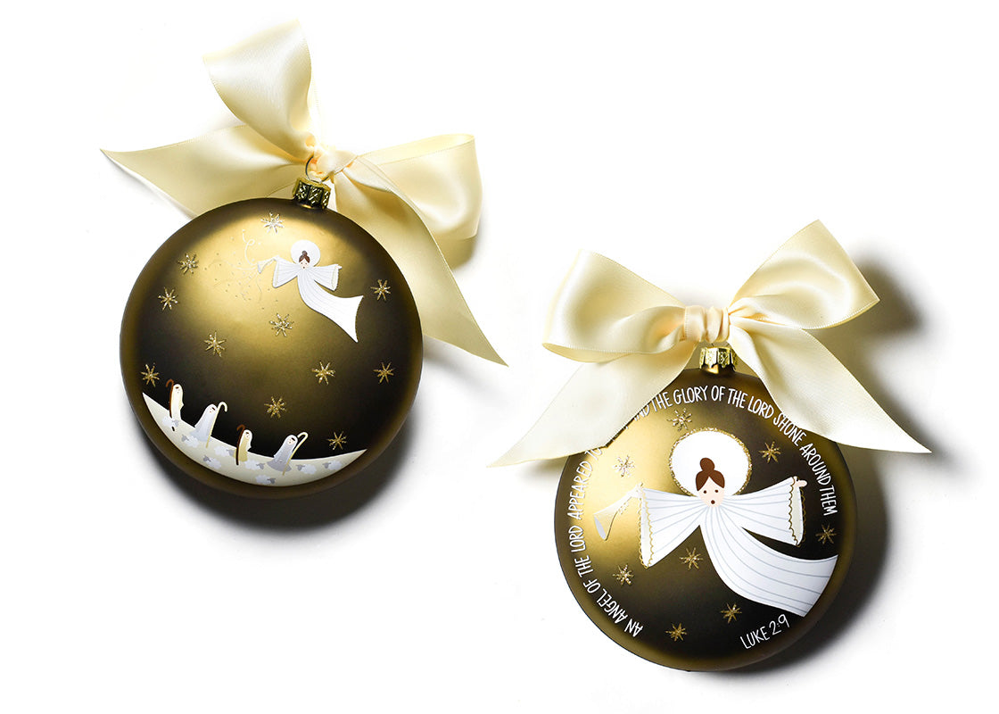 Front and Back View of Birth of Christ - Luke 2:9 Glass Ornament Placed Side by Side