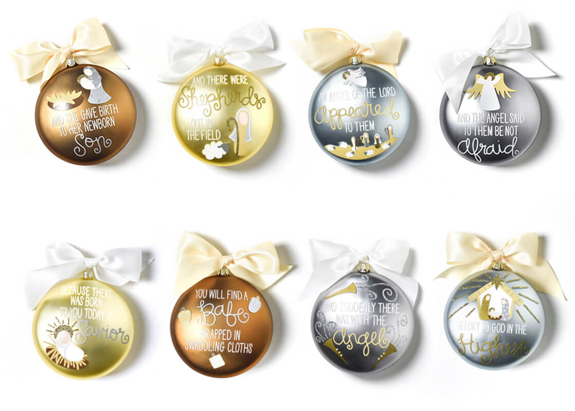 Front View of Neatly Lined Up Birth of Christ Glass Ornament Series Set of 8 Showing all Pieces in Set