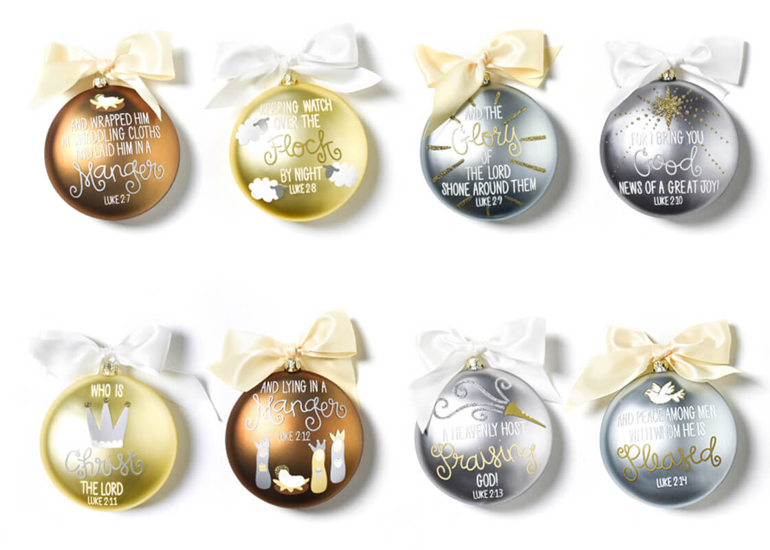 Back View of Neatly Lined Up Birth of Christ Glass Ornament Series Set of 8 Showing all Pieces in Set