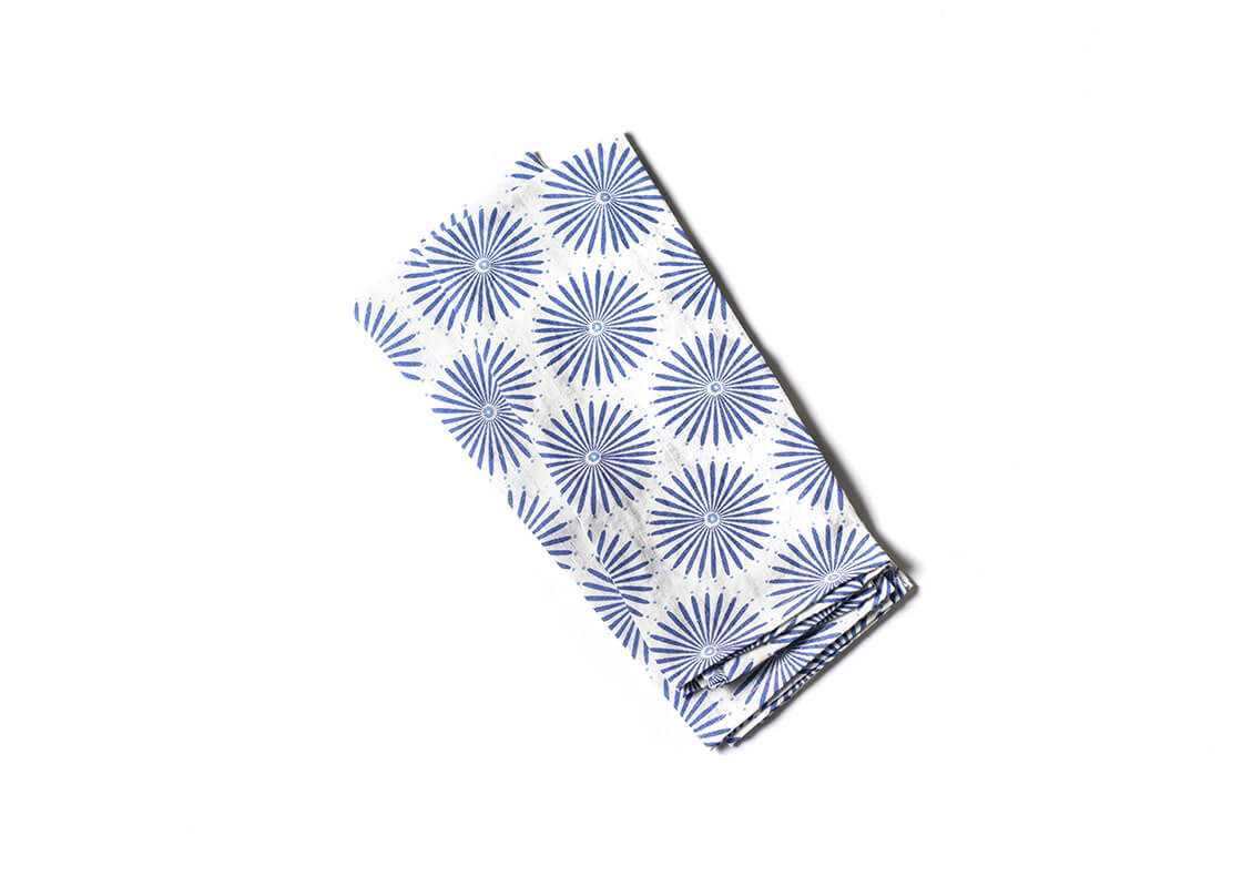 Overhead View of Two Iris Blue Burst Large Hand Towels Showing Design when Folded
