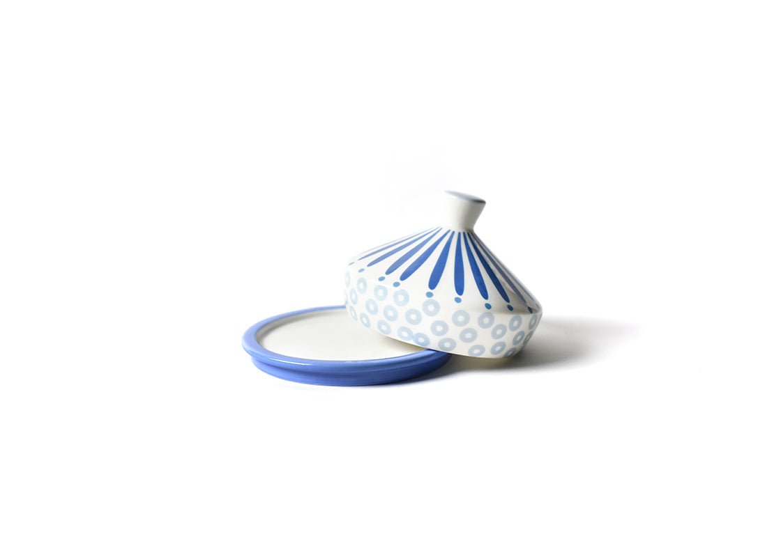 Front View of Domed Lid Slightly Ajar of Iris Blue Burst Round Butter Dish Allowing a Peek of Tray