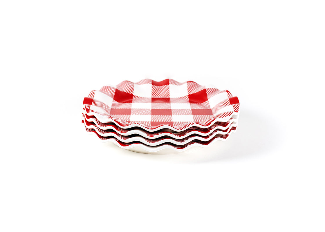 Front View of Neatly Stacked Buffalo Ruffle Dinner Plate Set of 4 Showing all Pieces in Set