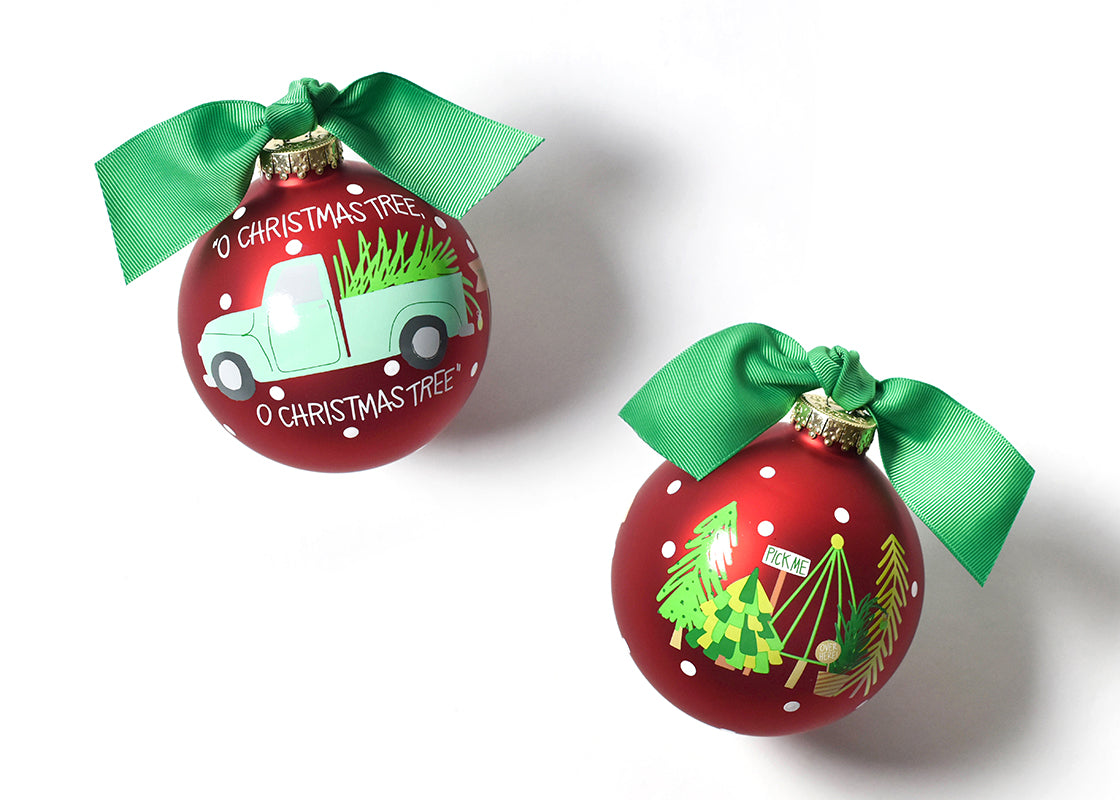 Front and Back View of O Christmas Tree Farm Glass Ornament Placed Side by Side