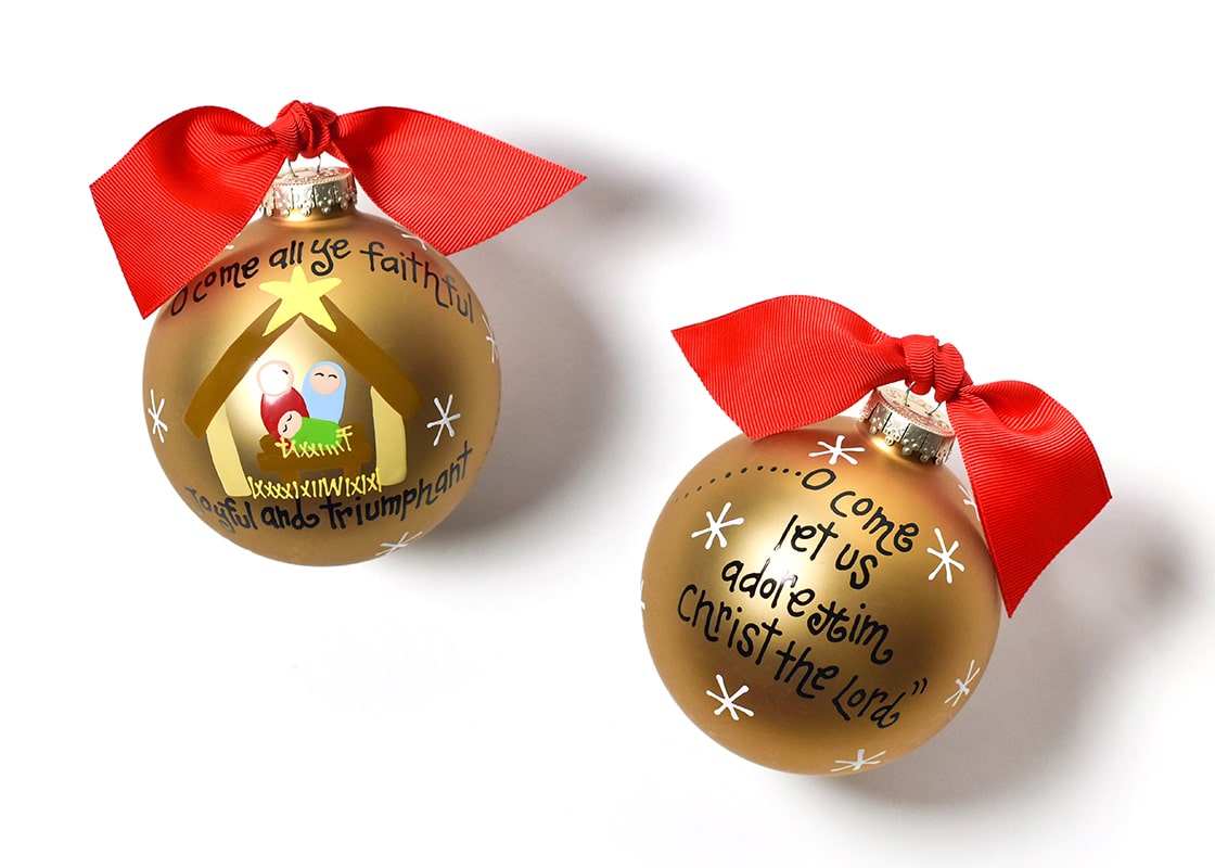 Front and Back View of O Come All Ye Faithful Glass Ornament Placed Side by Side