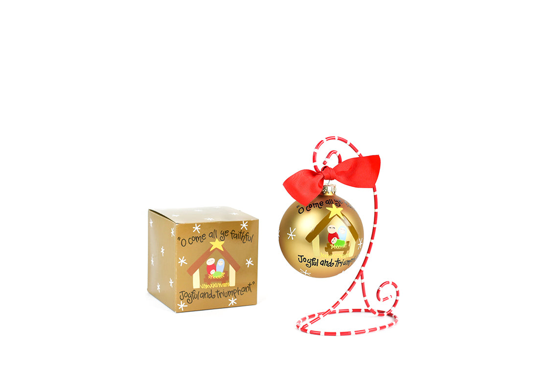 Front View of O Come All Ye Faithful Glass Ornament Placed on Red and White Stripe Display Stand and Matching Box
