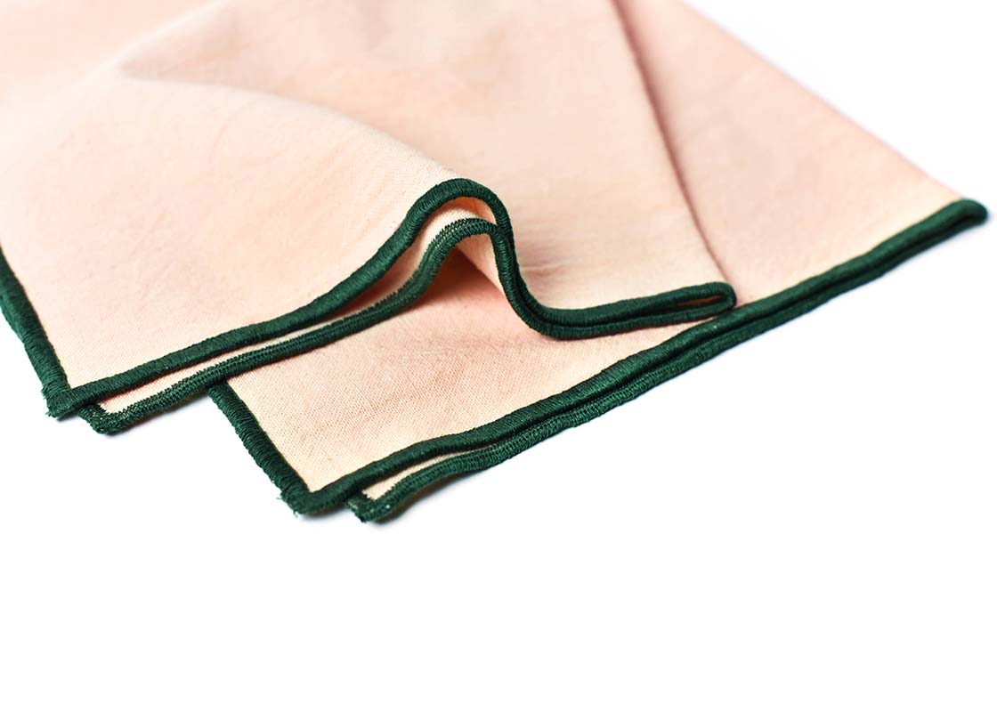 Cropped Close up of Pine Hem Stitched Edging on Blush and Pine Color Block Napkins Set of 4 Showcasing Beautiful Texture of Fabric