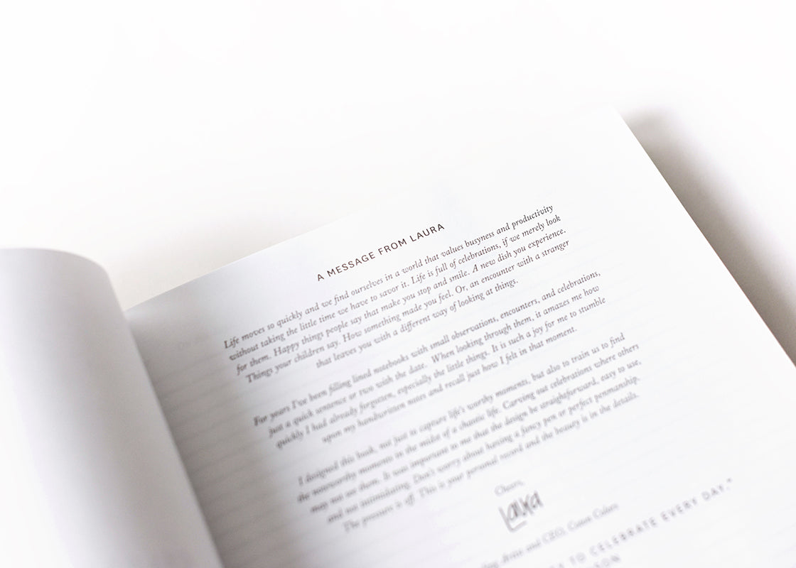 Cropped Close up of A Personal Message Page from Designer Laura Johnson on the inspiration behind the Blue Celebrate Me Book