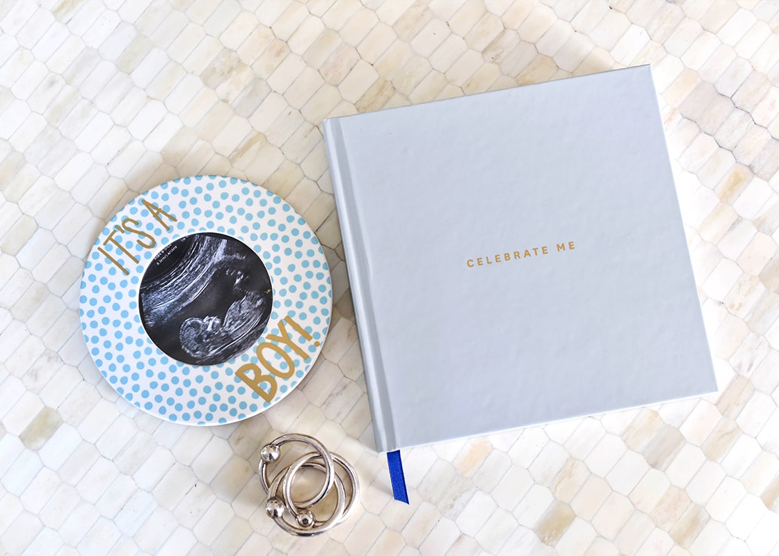 Overhead View of It's A Boy Picture Frame and Celebrate Me Book Ready for Gifting