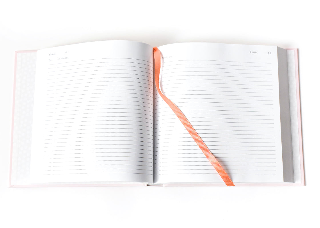 Overhead View of Open showing lined pages and ribbon bookmark Pink Celebrate Me Book