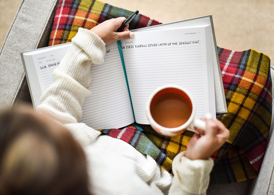 Overhead View of A Woman Capturing the First Pumpkin Spice Latte of the Season Celebration in Her Celebrate Every Day Book