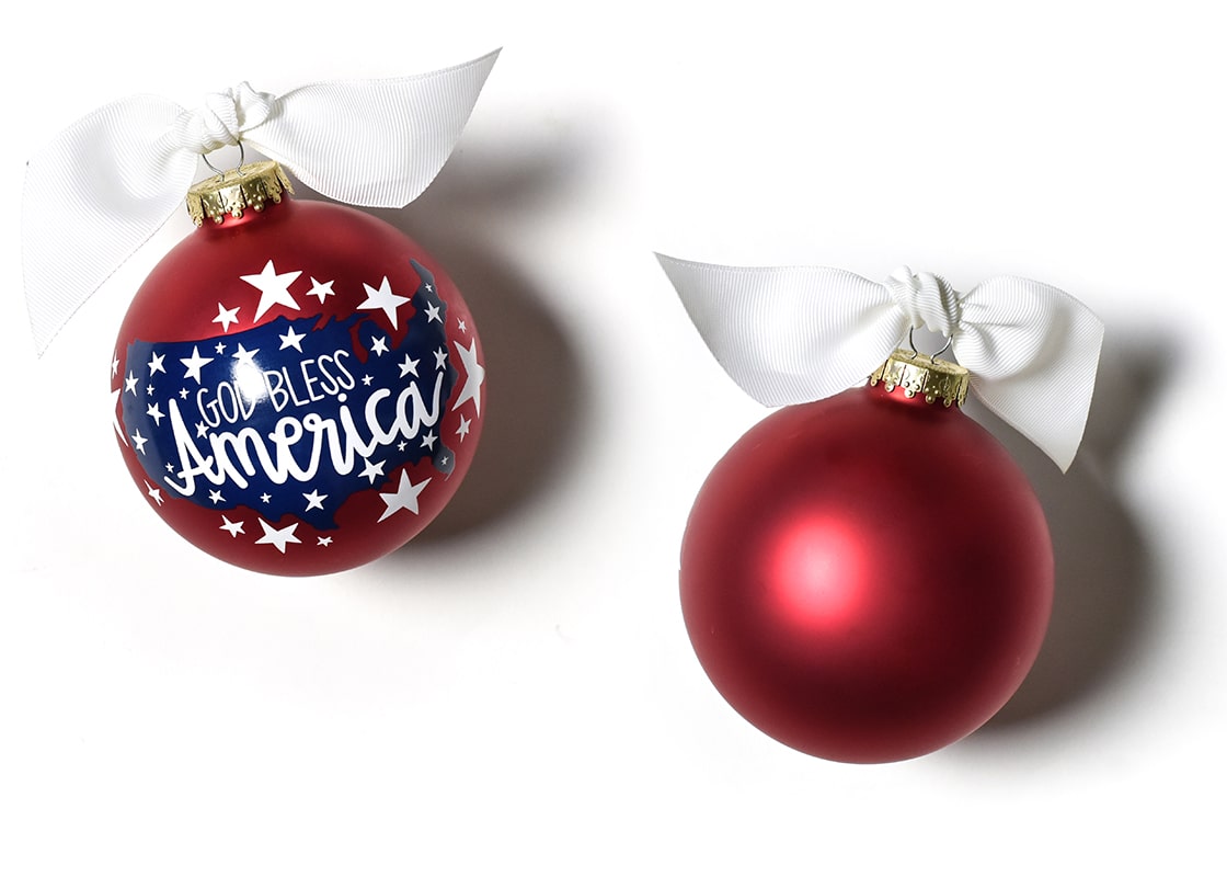 Front and Back View of God Bless America Glass Ornament Placed Side by Side