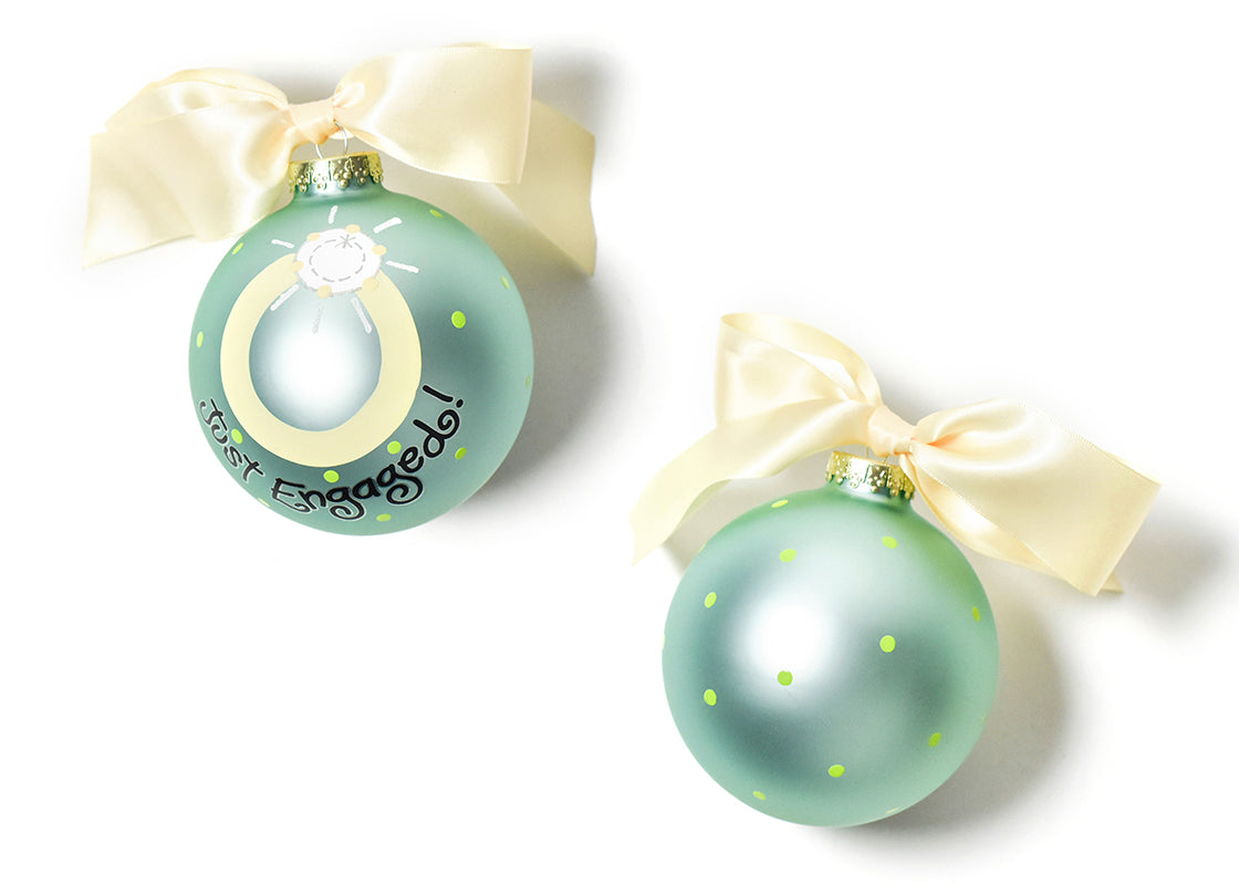 Front and Back View of Just Engaged Glass Ornament Placed Side by Side