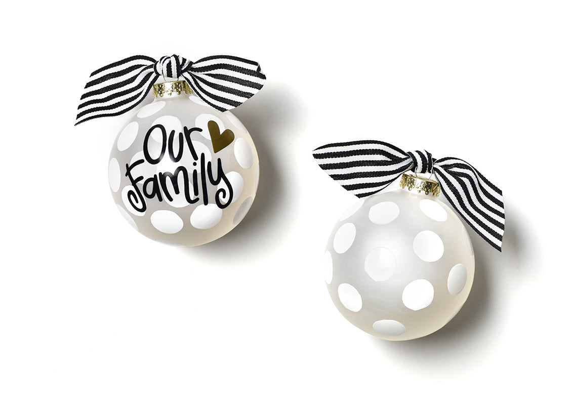 Front and Back View of Our Family Glass Ornament Placed Side by Side