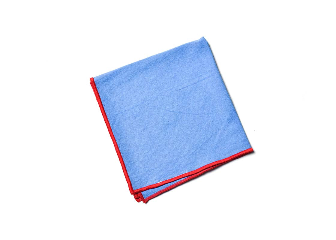 Overhead View of Folded Square French Blue and Red Color Block Napkin Showcasing Closer Look at Design Details