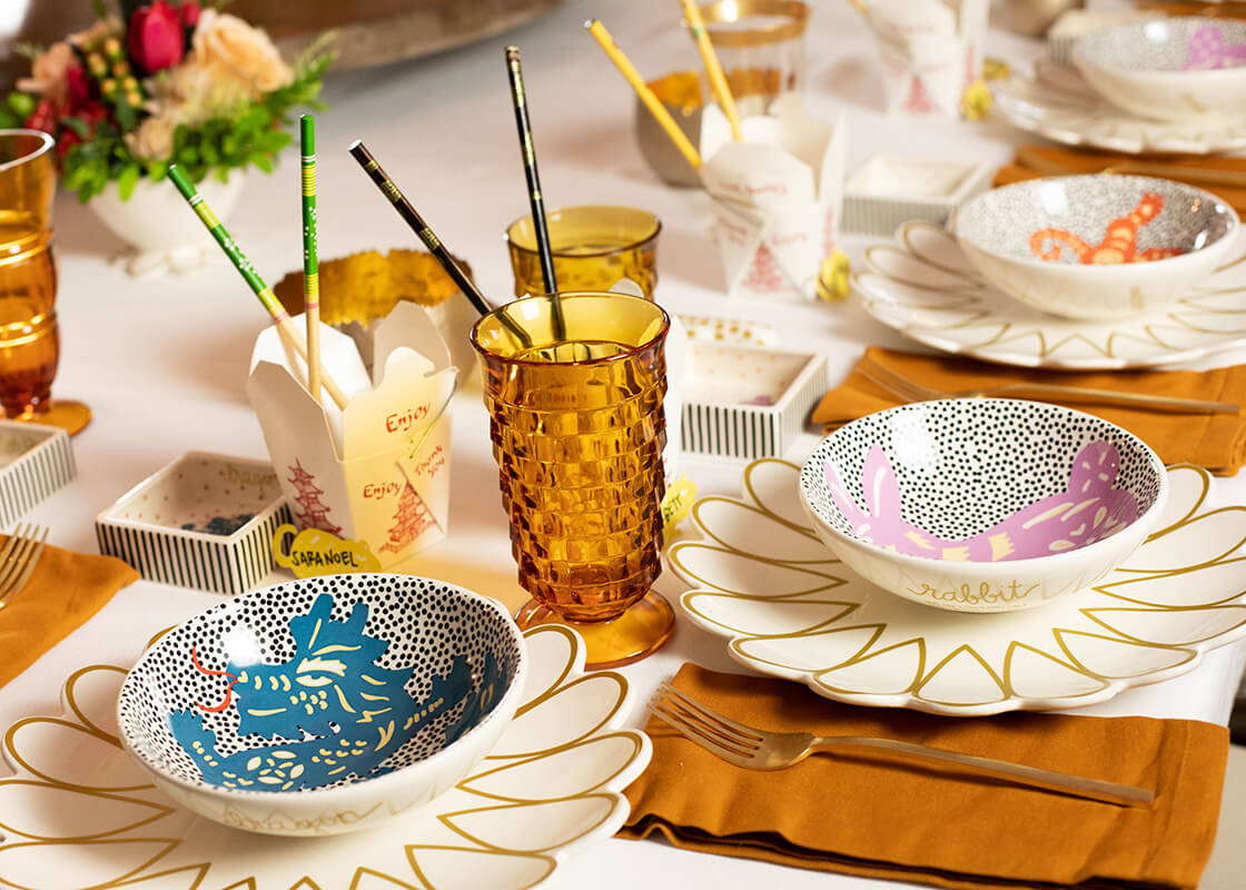 Front View of Tablescape of Zodiac Collection Bowls Including the Dragon
