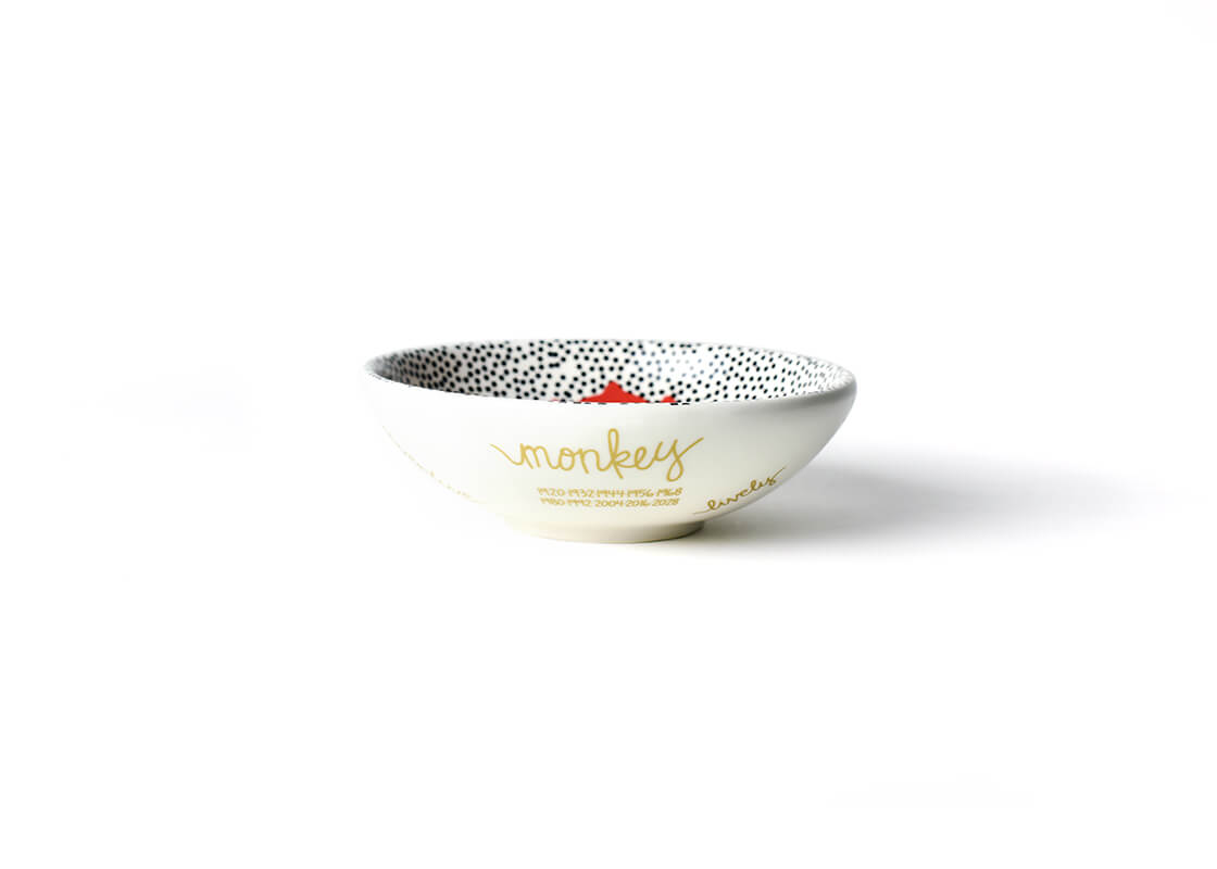 Front View of Chinese Zodiac Monkey Bowl Showcasing it's Unique Zodiac Attributes in Gold Lettering in our Branded Handwriting