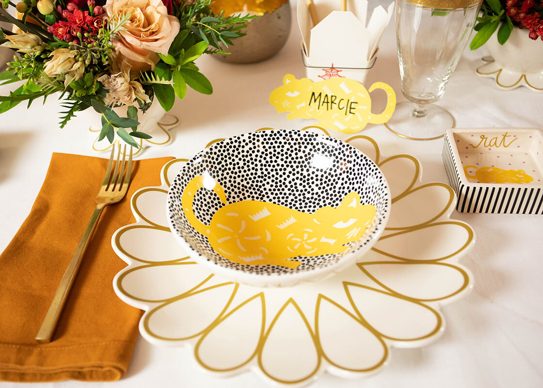 Front View of Coordinating Designs Including Chinese Zodiac Rat Bowl