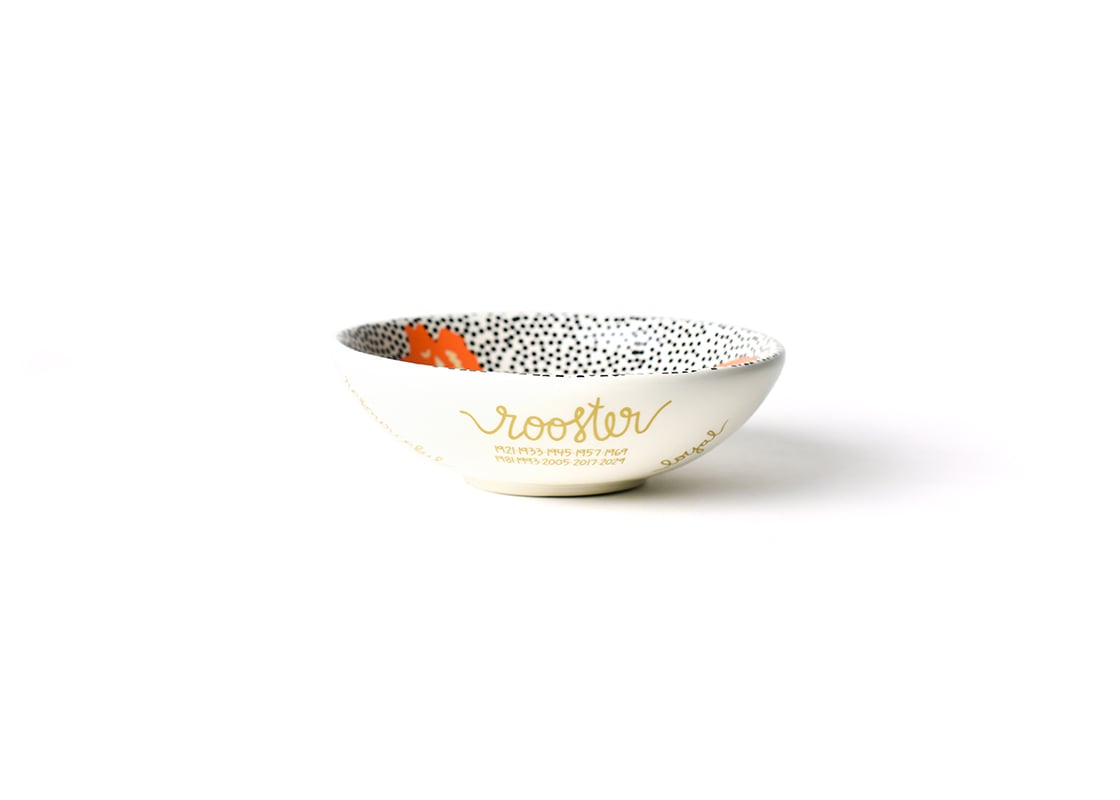 Front View of Chinese Zodiac Rooster Bowl Showcasing it's Unique Zodiac Attributes in Gold Lettering in our Branded Handwriting
