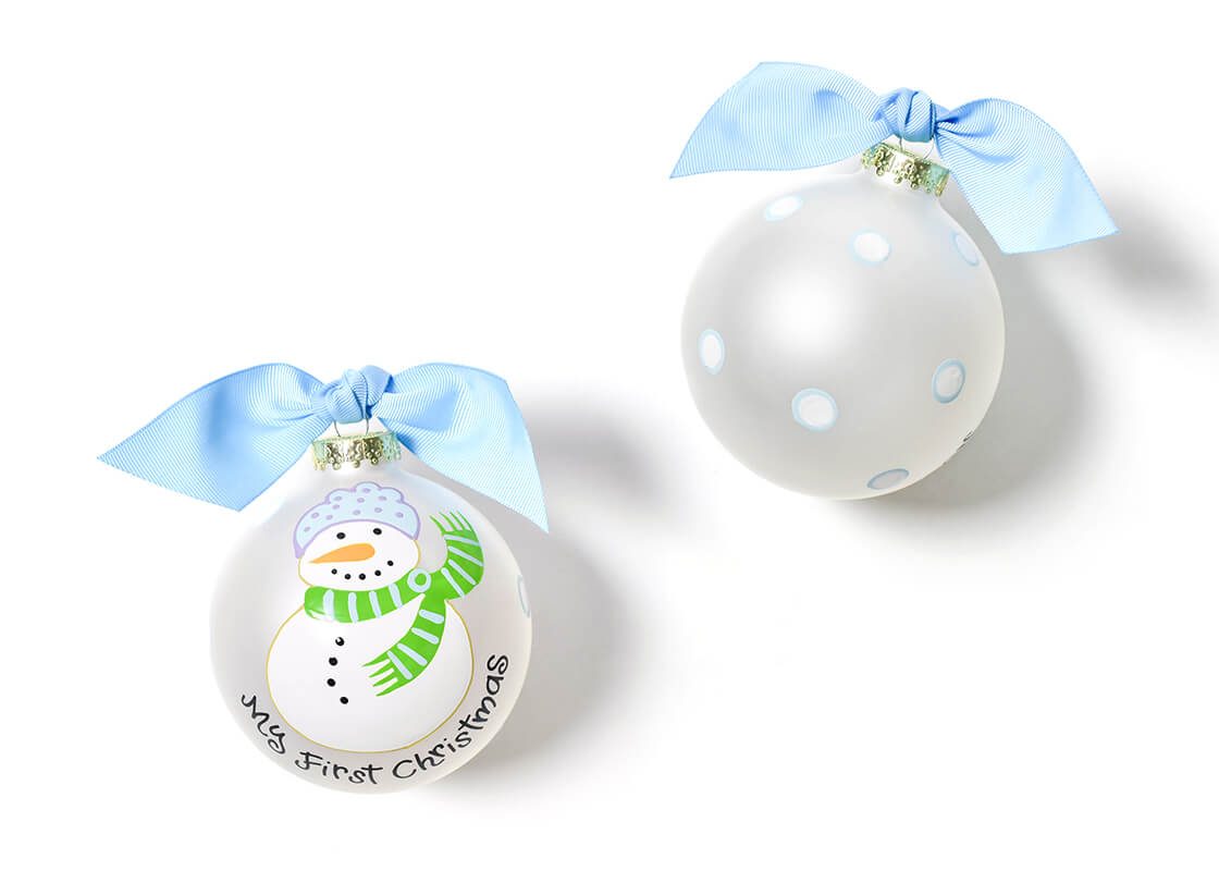 Front and Back View of Blue My First Christmas Snowman Glass Ornament Placed Side by Side