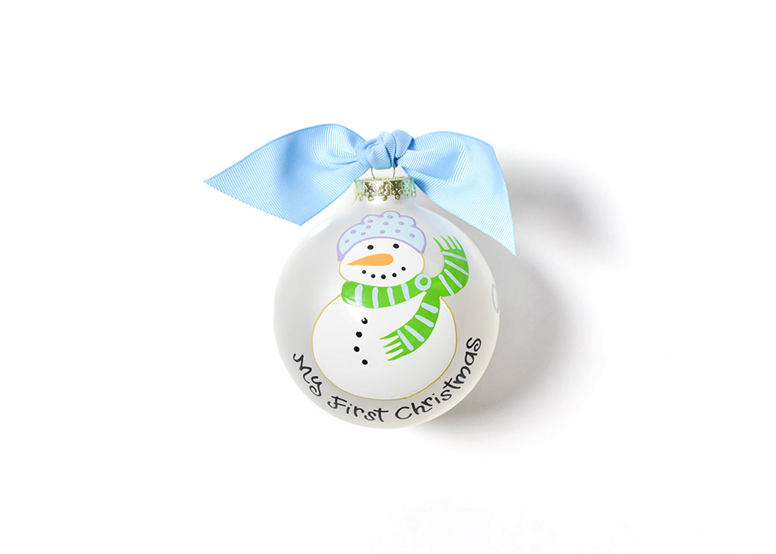 Front View of Blue My First Christmas Snowman Glass Ornament