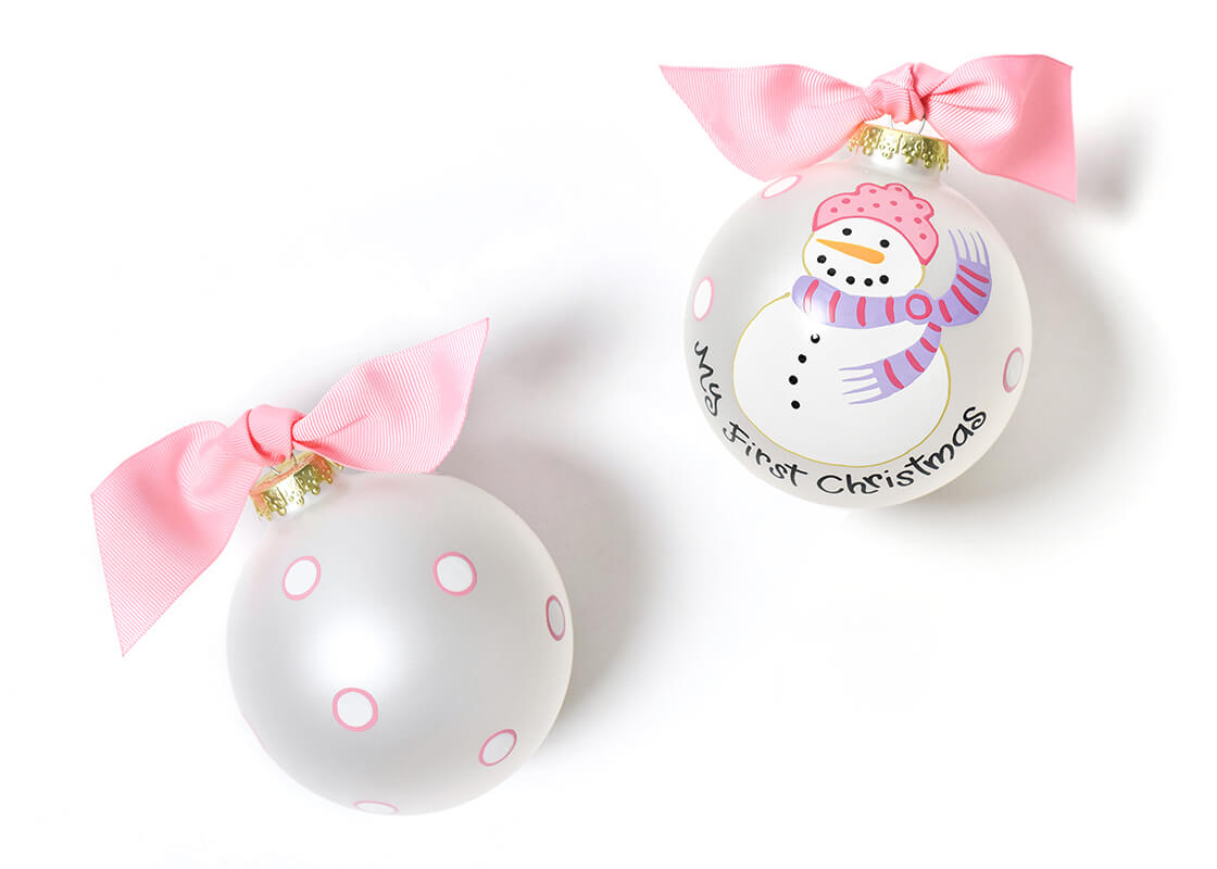 Front and Back View of Pink My First Christmas Snowman Glass Ornament Placed Side by Side