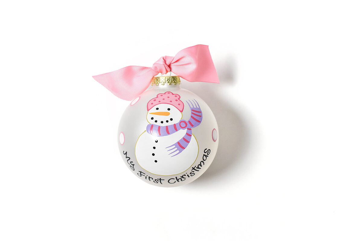 Front View of Pink My First Christmas Snowman Glass Ornament