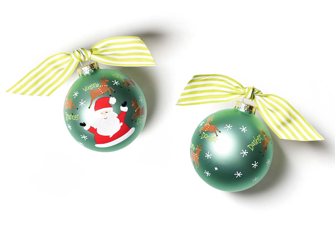 Front and Back View of Christmas Calling Reindeer Glass Ornament Placed Side by Side