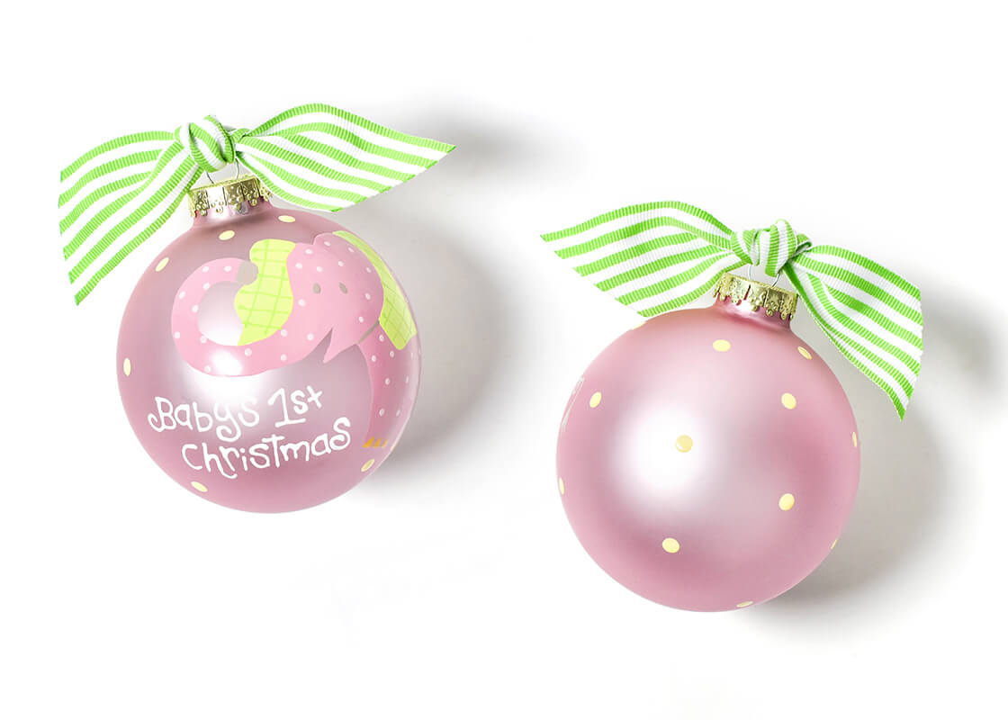 Front and Back View of Pink Baby's First Christmas Elephant Glass Ornament Placed Side by Side