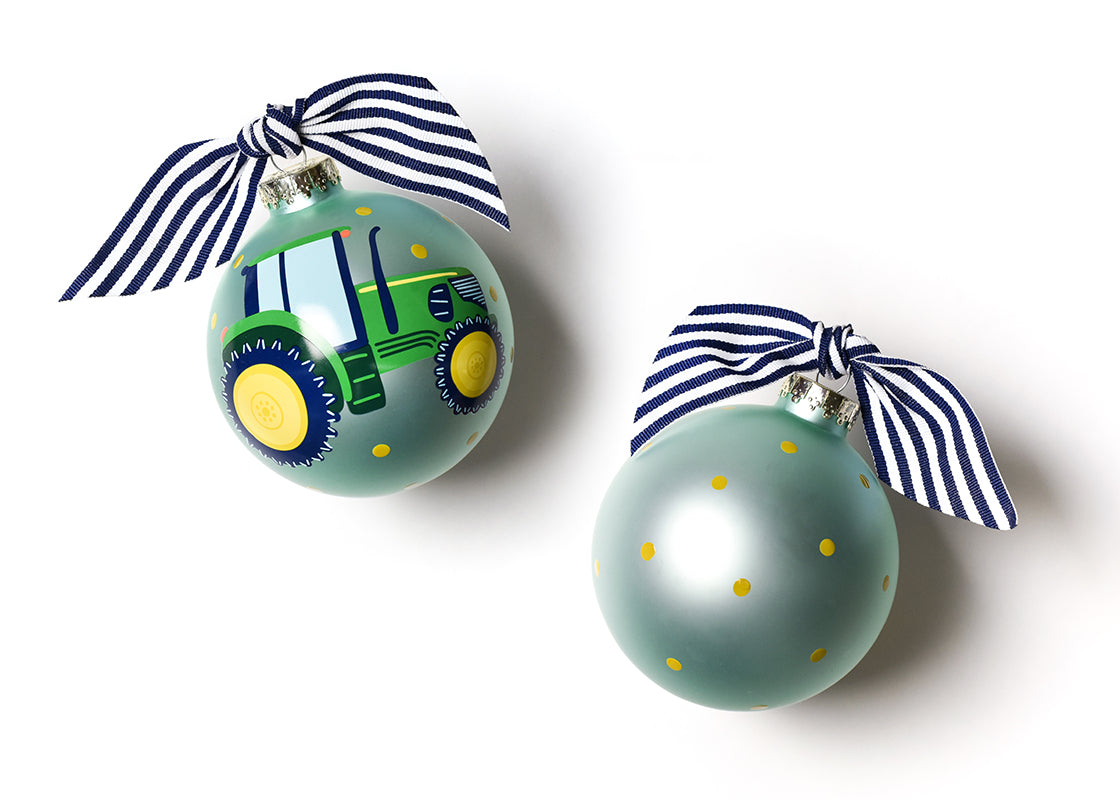Front and Back View of On the Farm Tractor Glass Ornament Placed Side by Side