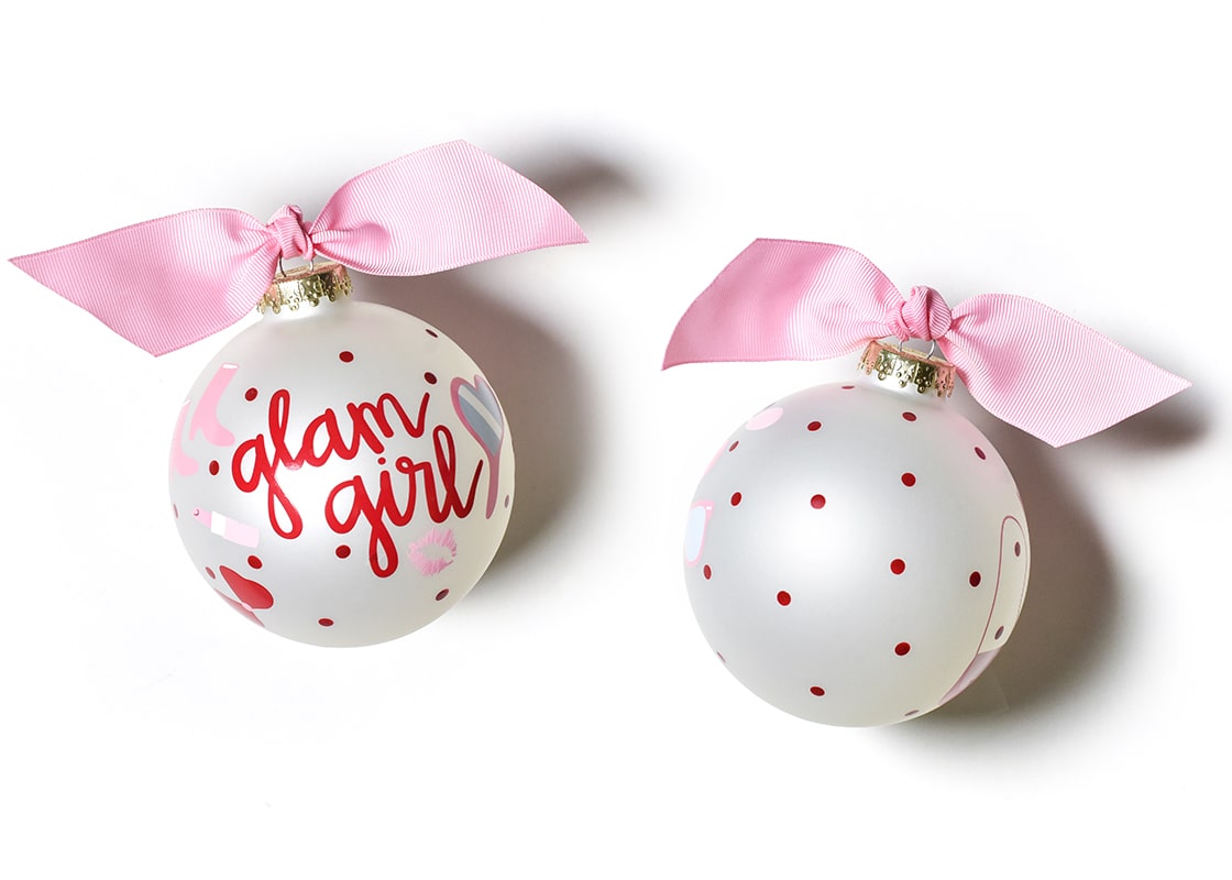 Front and Back View of Glam Girl Glass Ornament Placed Side by Side