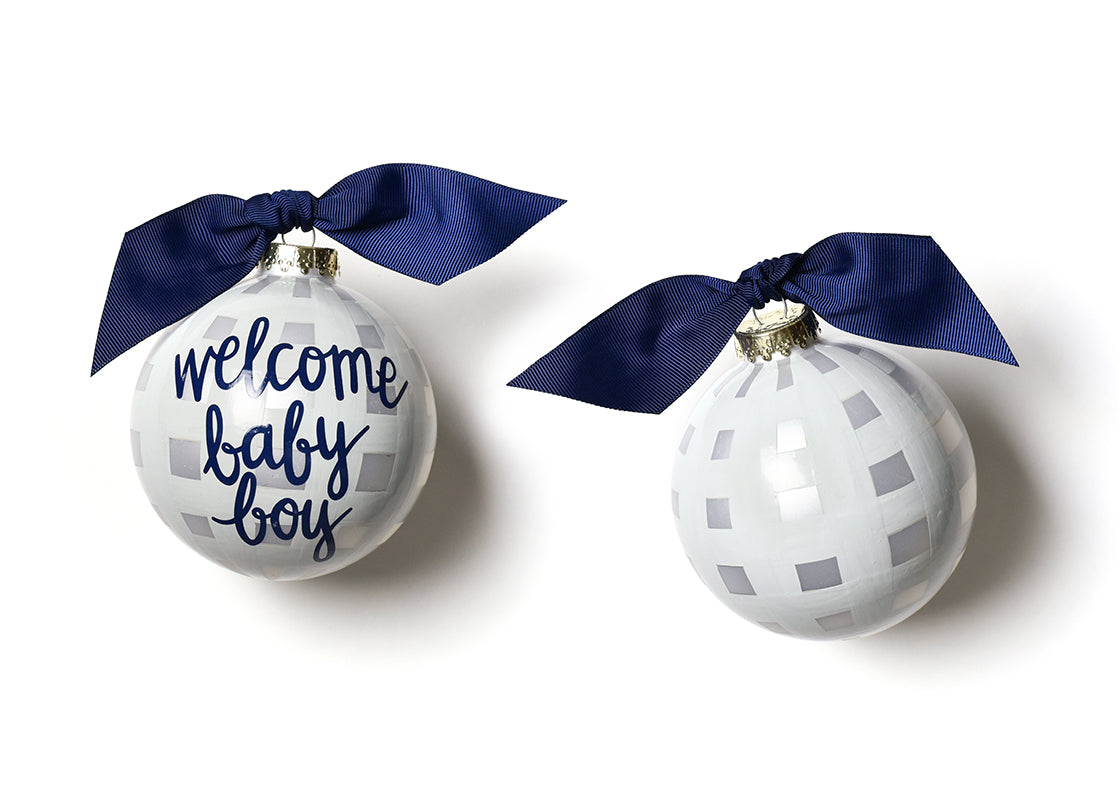 Front and Back View of Welcome Baby Boy Gingham Glass Ornament Placed Side by Side
