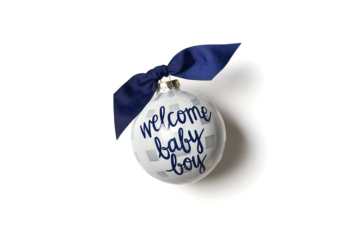 Front View of Welcome Baby Boy Gingham Glass Ornament