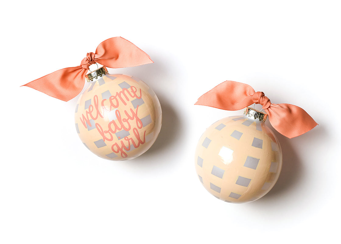 Front and Back View of Welcome Baby Girl Gingham Glass Ornament Placed Side by Side