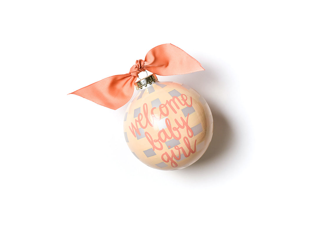 Front View of Welcome Baby Girl Gingham Glass Ornament