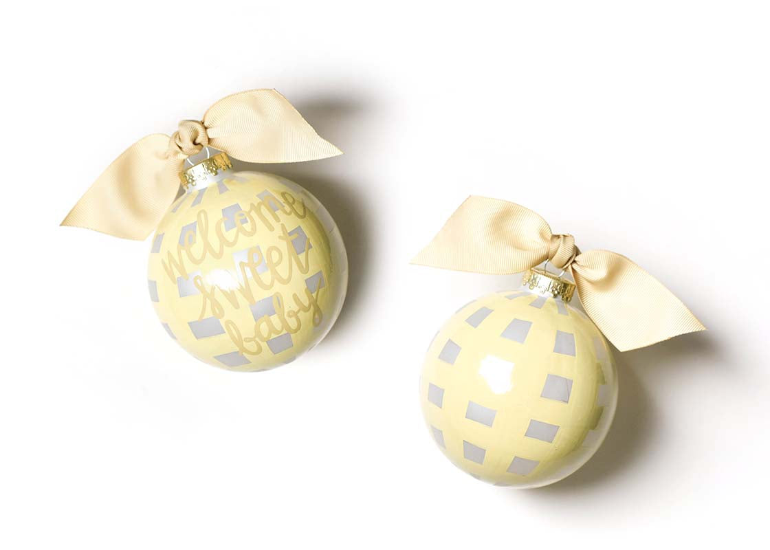 Front and Back View of Welcome Sweet Baby Gingham Glass Ornament Placed Side by Side