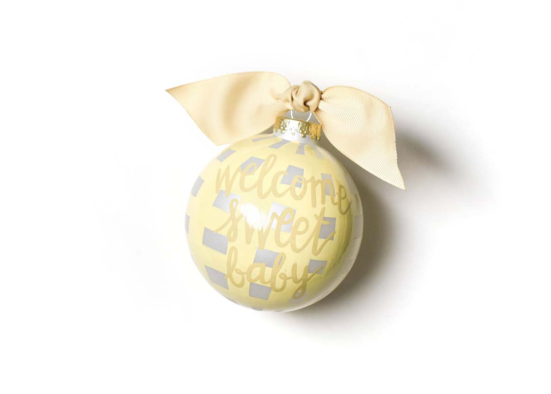 Front View of Welcome Sweet Baby Gingham Glass Ornament