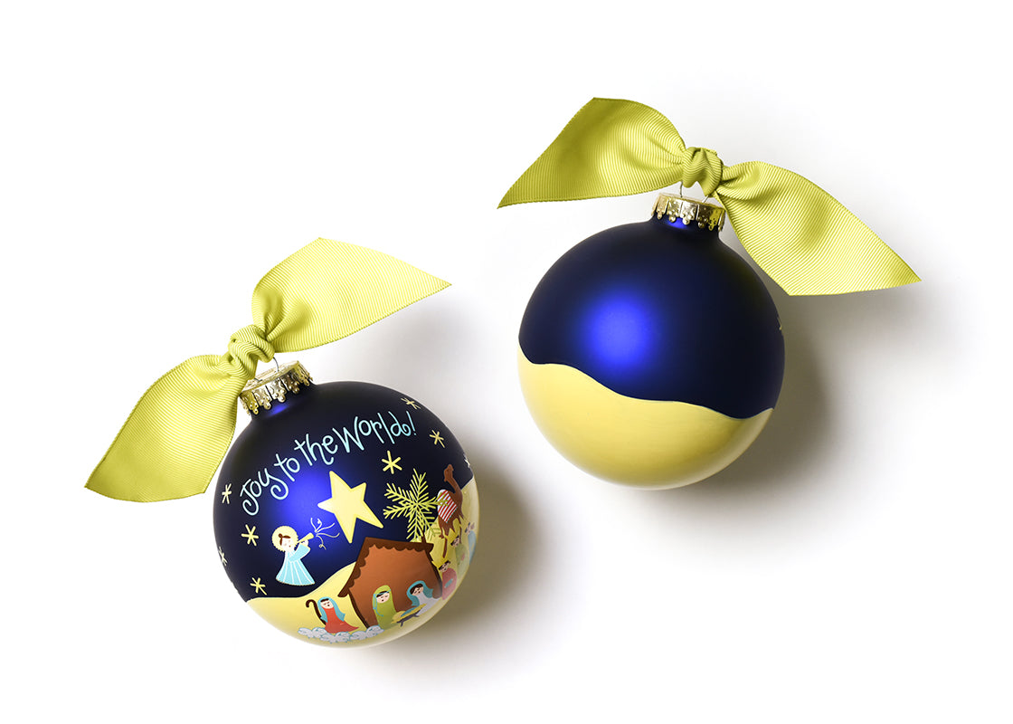 Front and Back View of Joy to the World Nativity Glass Ornament Placed Side by Side